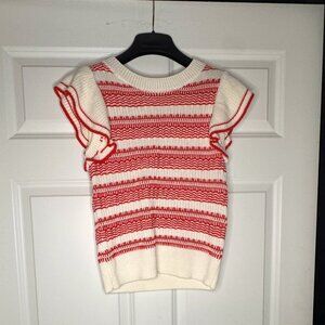 Evereve Knitted White & Red Top Ruffled Sleeve, Size XS